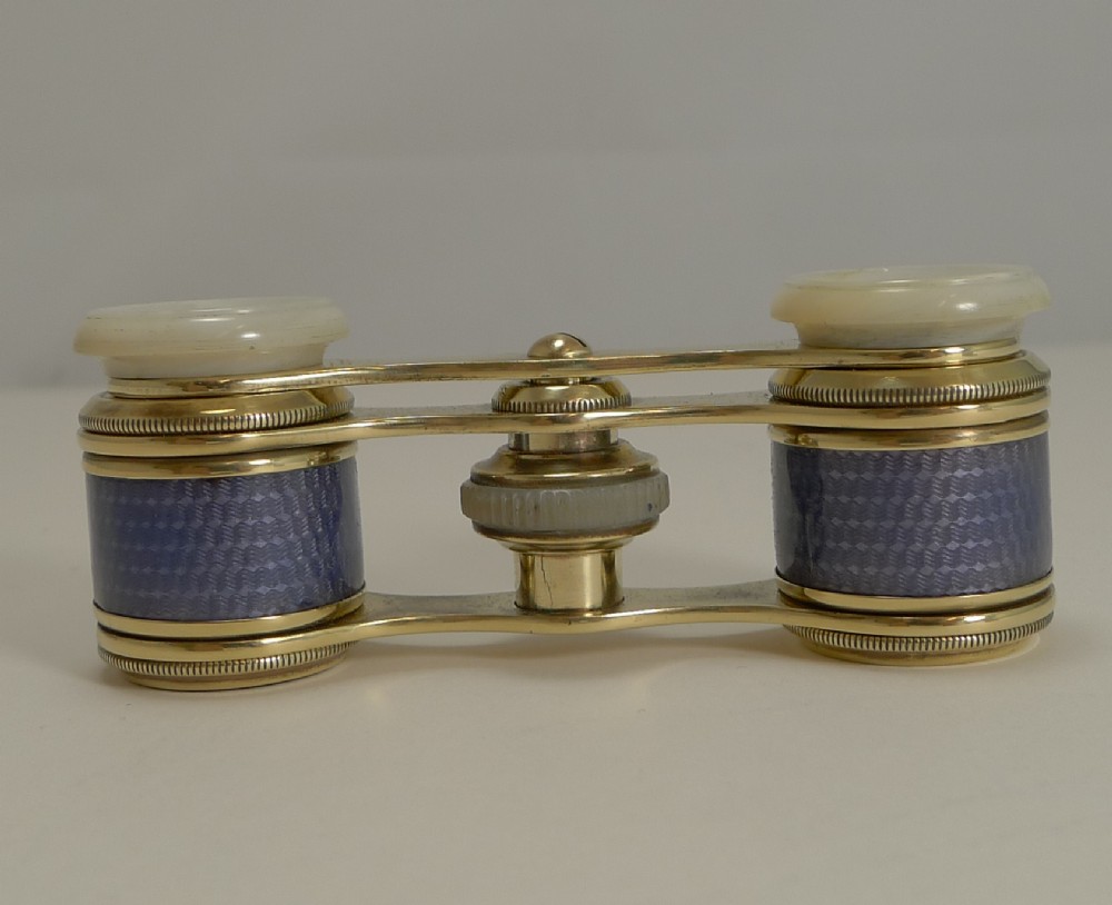 A Fine Pair Amethyst Guilloche Enamel and Mother of Pearl Opera Glasses c.1910