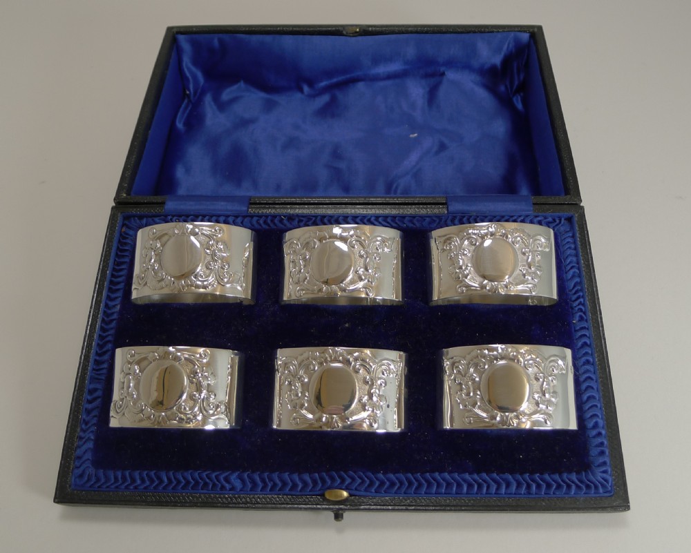 Set Six Antique English Sterling Silver Napkin Rings - 1907