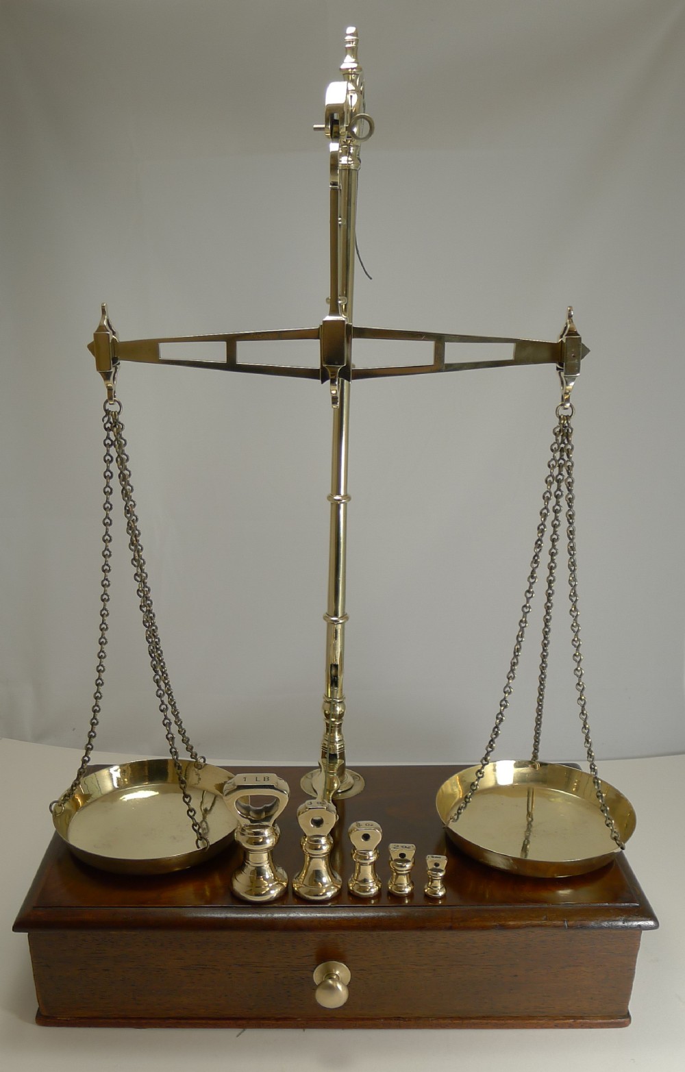 Large Boxed Antique English Commodity Scales In Mahogany & Brass c.1880