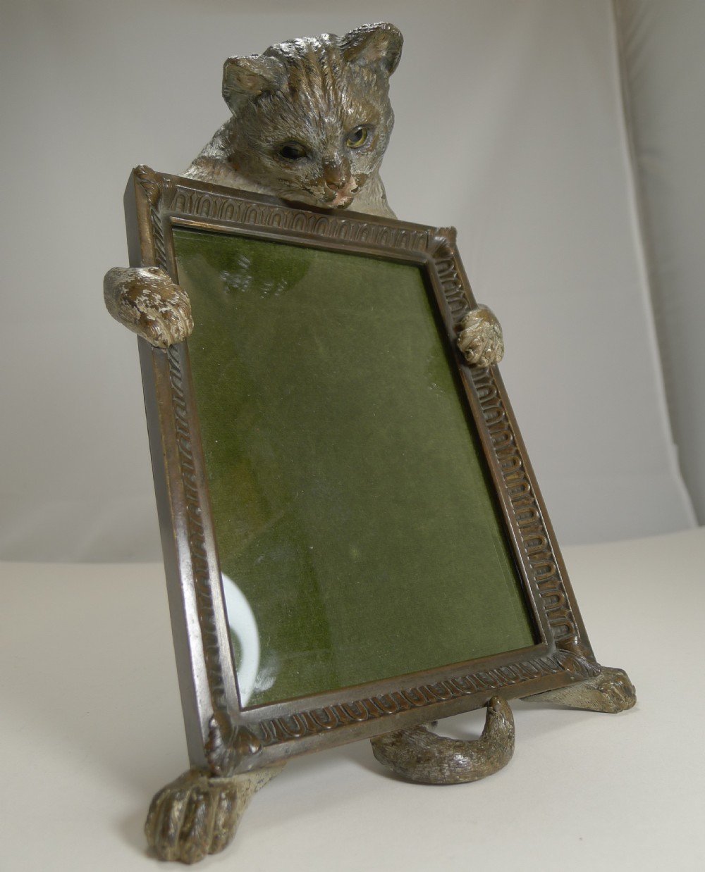 Very Rare Cold Painted Bronze Novelty Photograph Frame - Cat With Glass Eyes View III