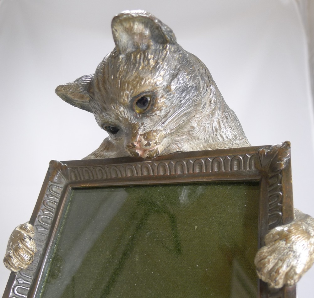 Very Rare Cold Painted Bronze Novelty Photograph Frame - Cat With Glass Eyes View VI