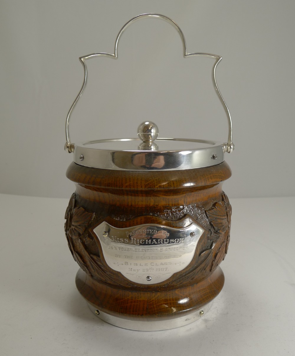 Antique English Carved Oak and Silver Plated Biscuit Box - 1907