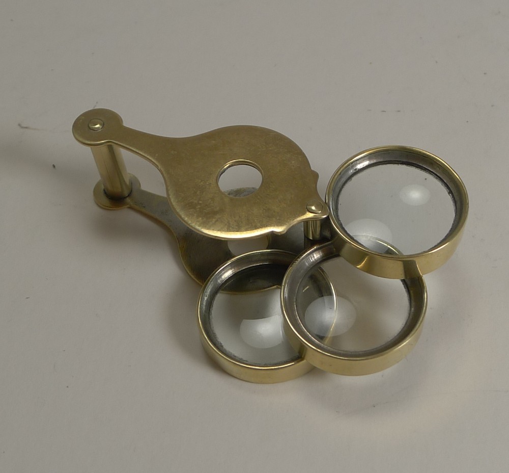 Antique English Brass Triple Lens Magnifying Glass c.1900