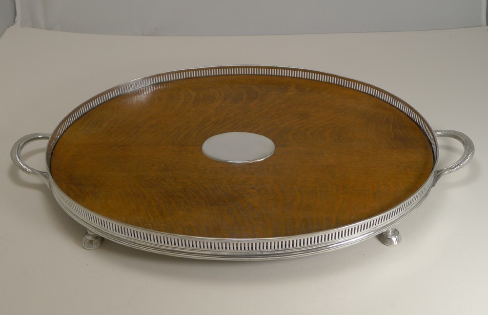Antique English Oak & Silver Plate Tray by Roberts and Belk c.1890