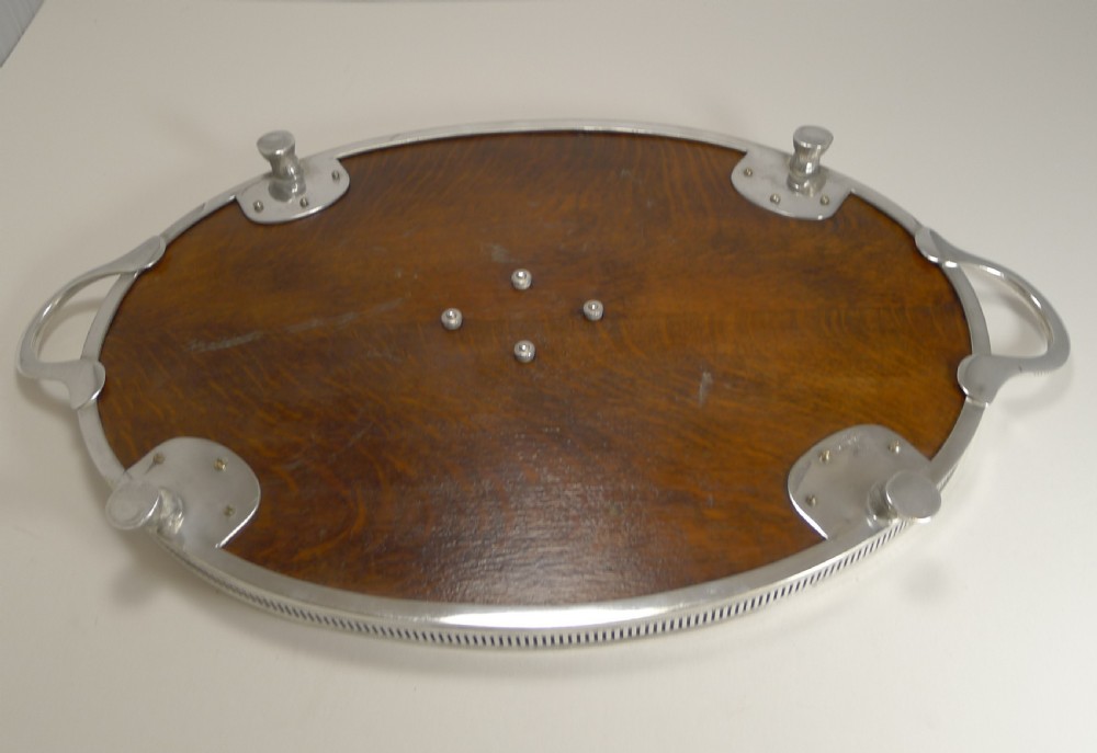 Antique English Oak & Silver Plate Tray by Roberts and Belk c.1890 View V