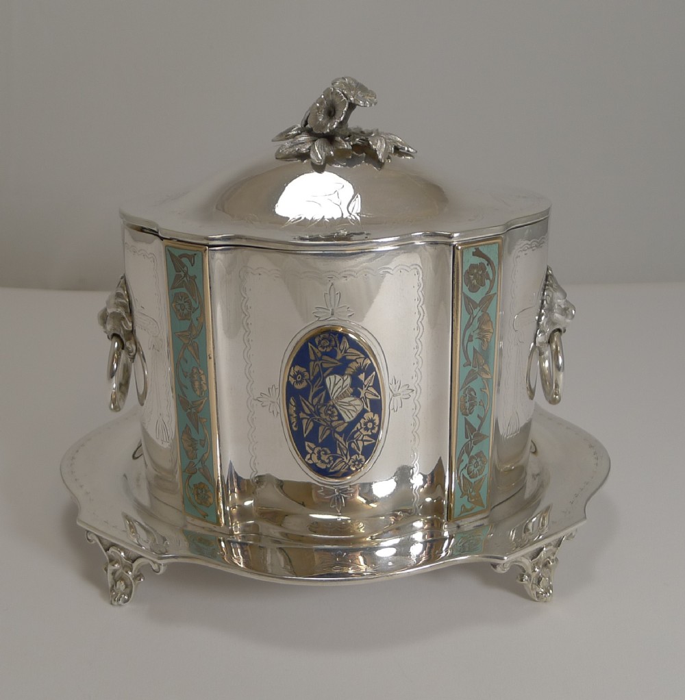 Rare Antique English Silver Plate and Enamel Biscuit Box by Samuel Evans c.1875