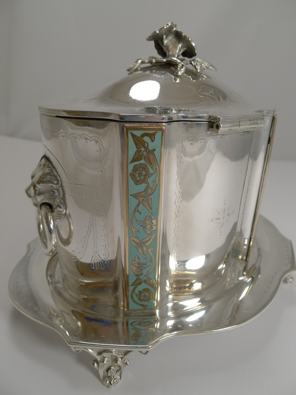 Rare Antique English Silver Plate and Enamel Biscuit Box by Samuel Evans c.1875 View III