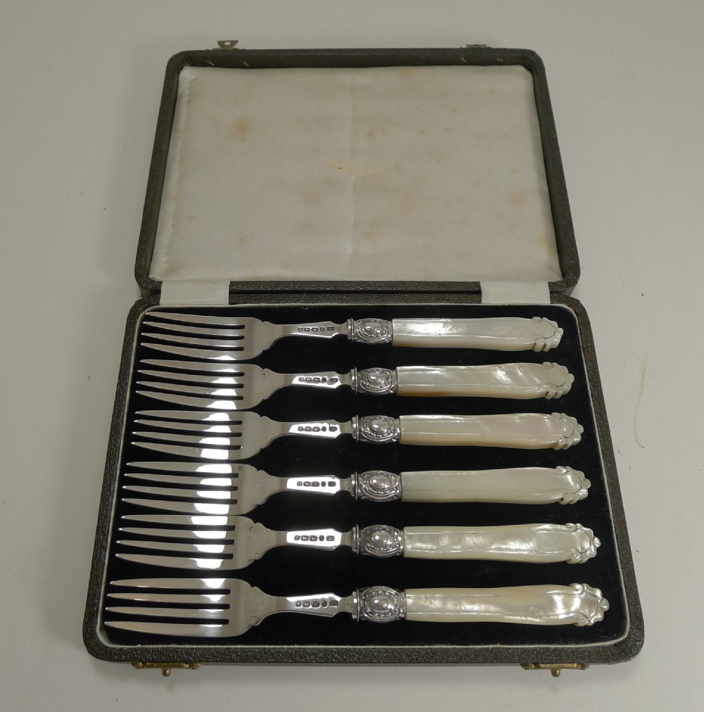 Antique English Sterling Silver & Mother of Pearl Cake or Desert Forks - 1863