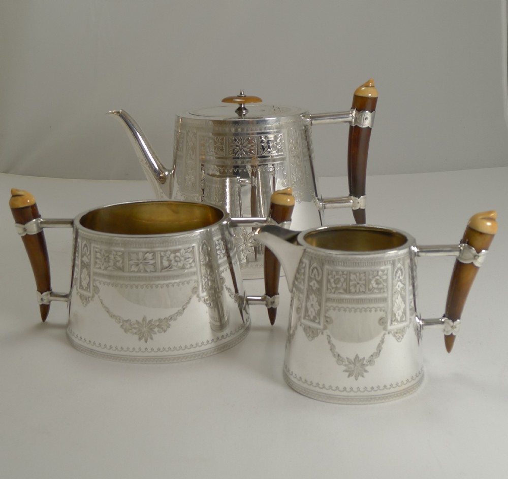Unusual English Silver Plate and Polished Horn Tea Set c.1890