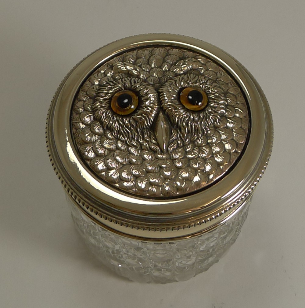Antique Glass and Brass Jar - Owl With Glass Eyes