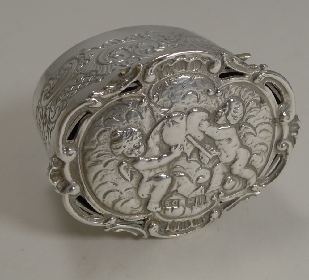 Romantic Antique English Sterling Silver Box - Cherubs and Heart