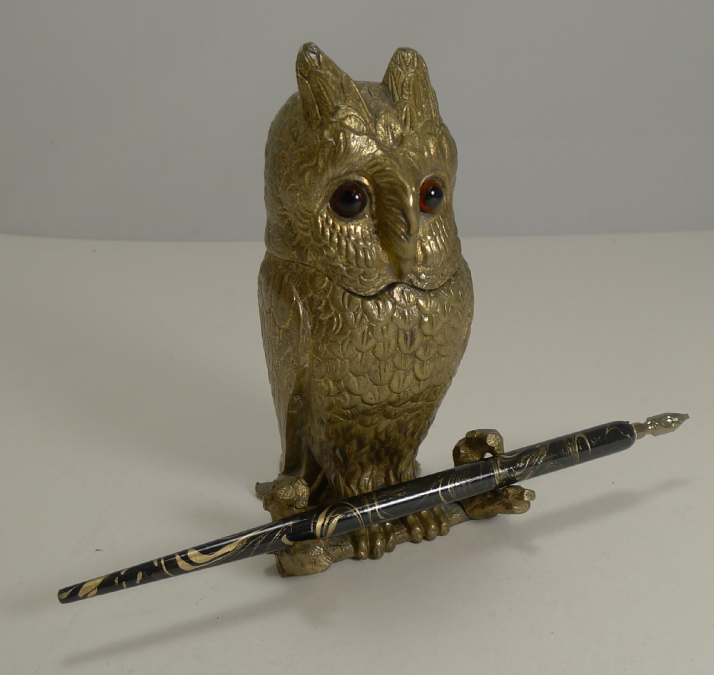 Antique Novelty Inkwell - Gilded Bronze Owl With Glass Eyes