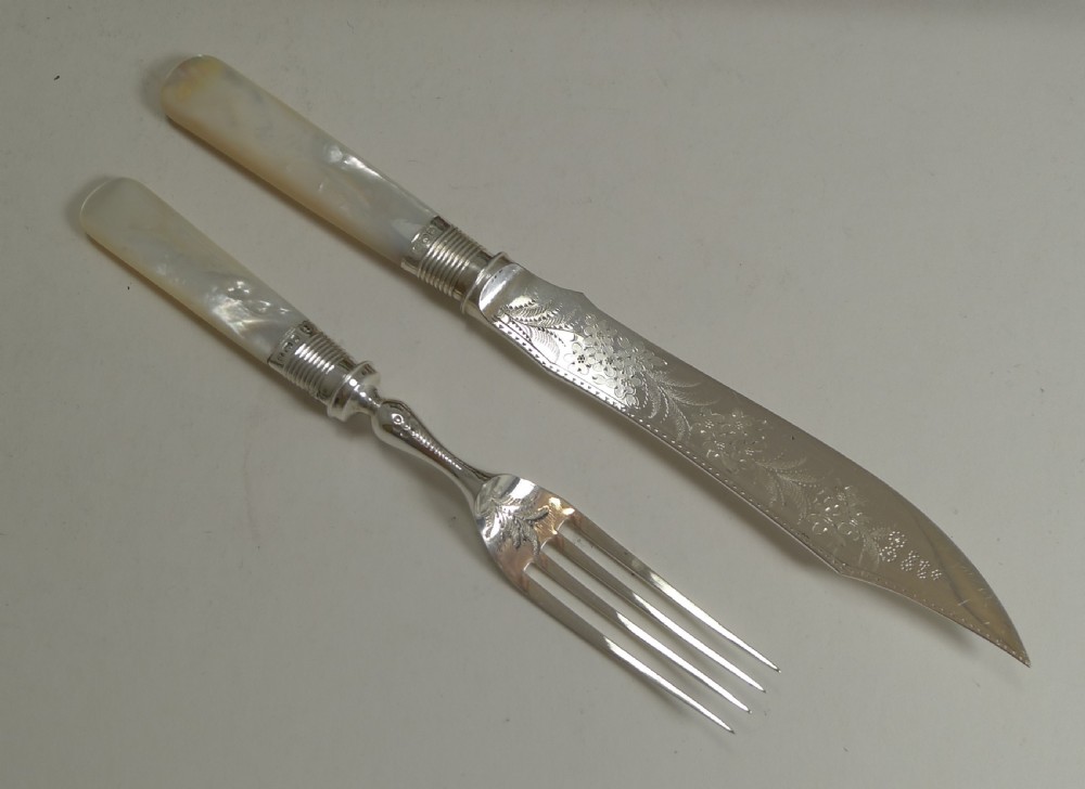Set Antique Mother Of Pearl Handled Fruit Knives and Forks - Sterling Ferrules - 1897 View VIII