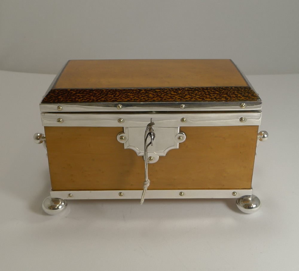 Rare Silver Plated Mounted Birdseye Maple and Palm Wood Tea Caddy c.1890
