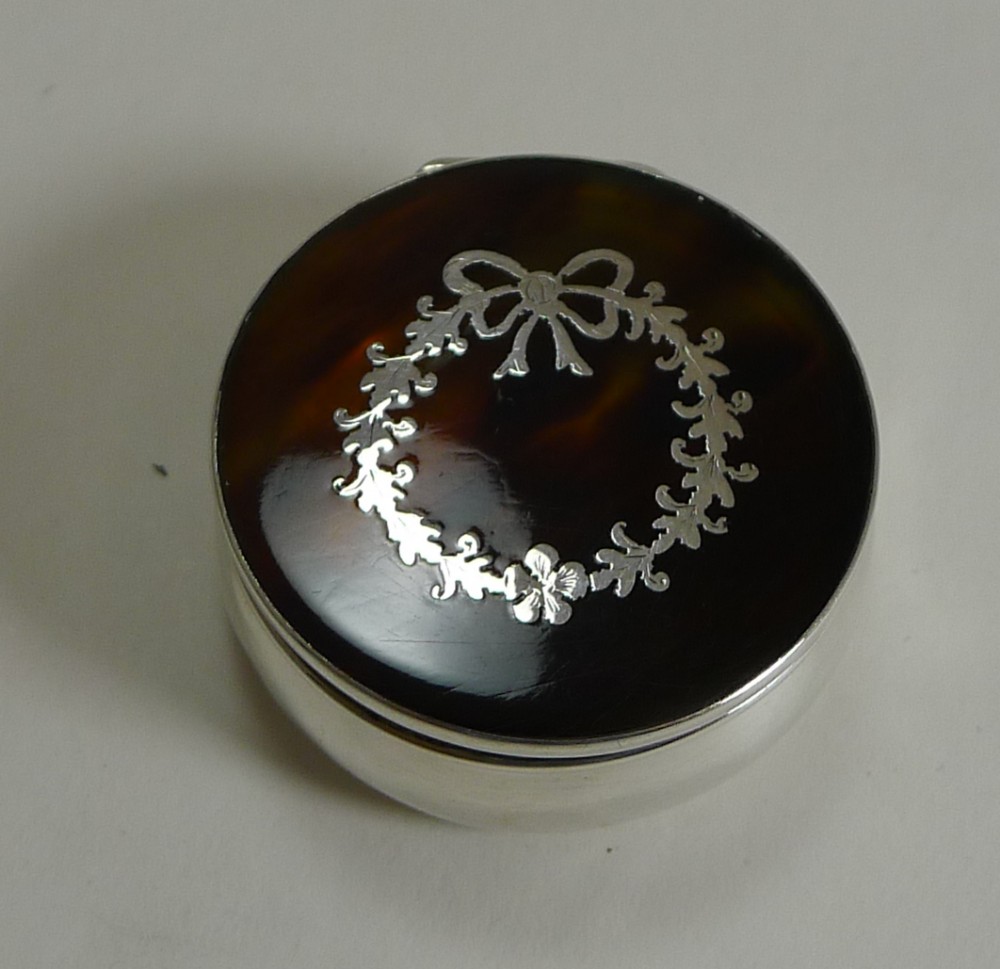 Antique English Sterling Silver and Tortoiseshell Pill Box - 1901