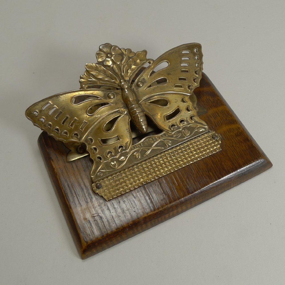 Antique English Brass and Oak Butterfly Letter Clip - 1889
