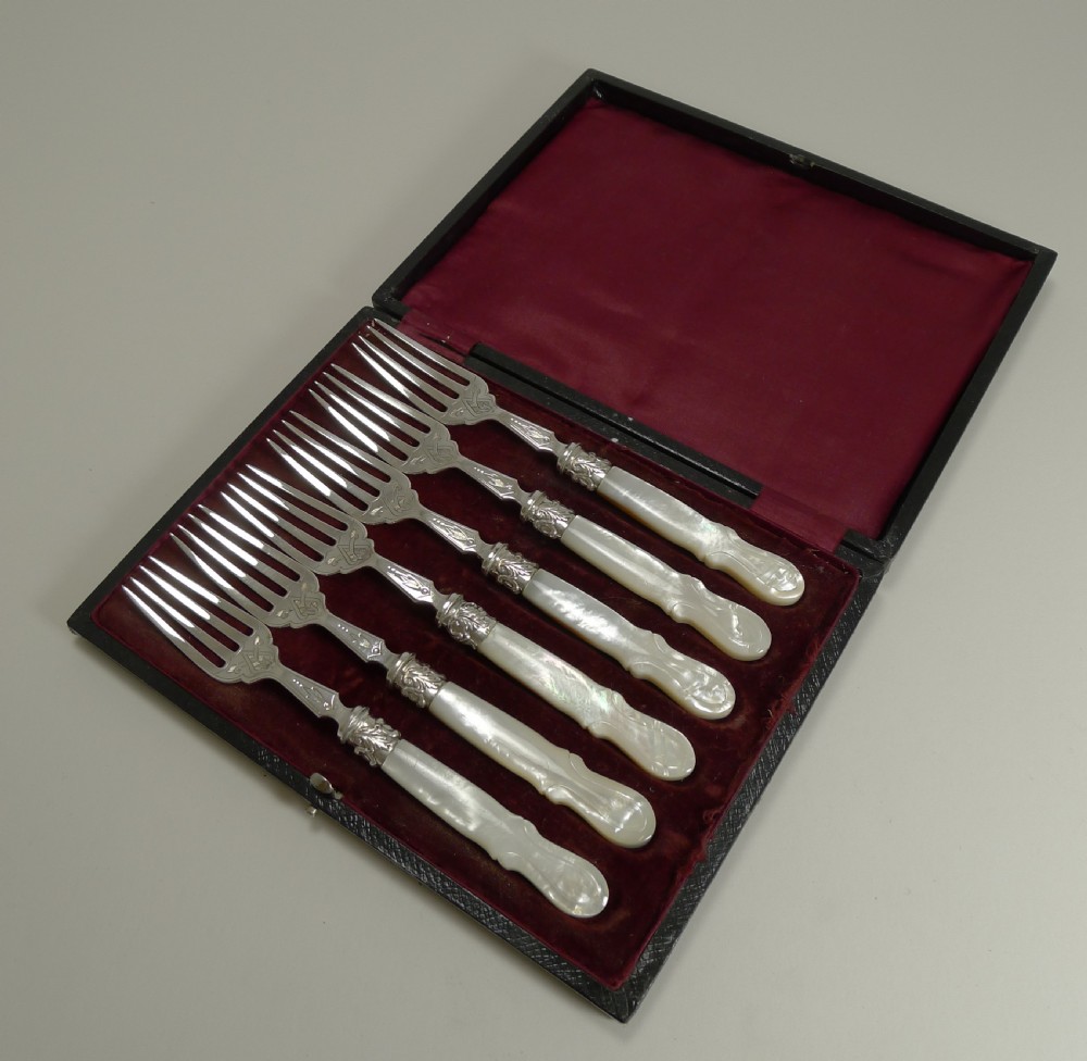 Antique English Sterling Silver & Mother of Pearl Cake or Desert Forks - 1873
