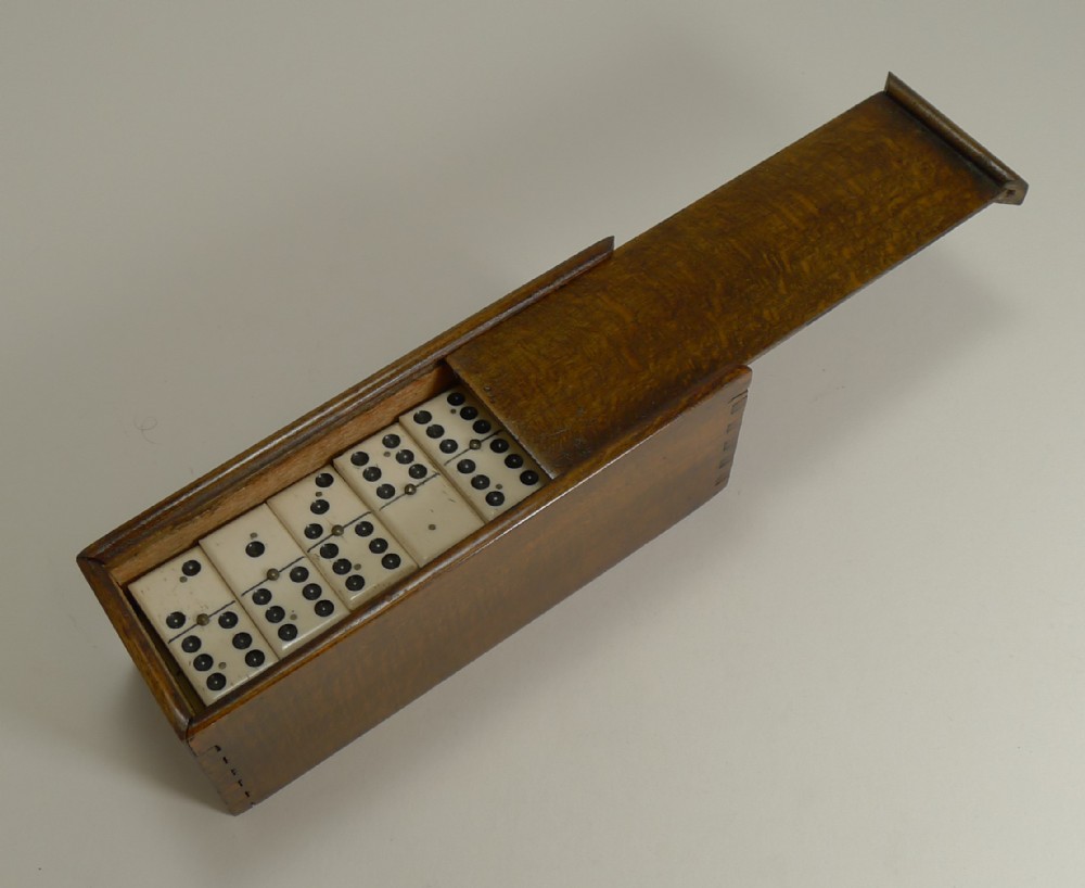 Boxed Set Antique English Bone and Ebony Dominoes c.1910