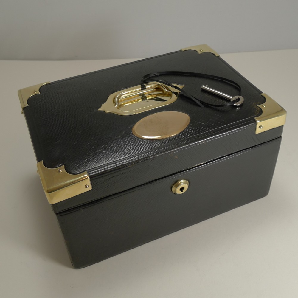 Smart Antique English Brass Mounted Leather Jewelry Box c.1890