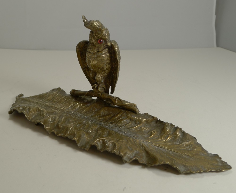 Magnificent Antique English Novelty Inkwell / Pen Tray - Parrot With Glass Eyes c.1880