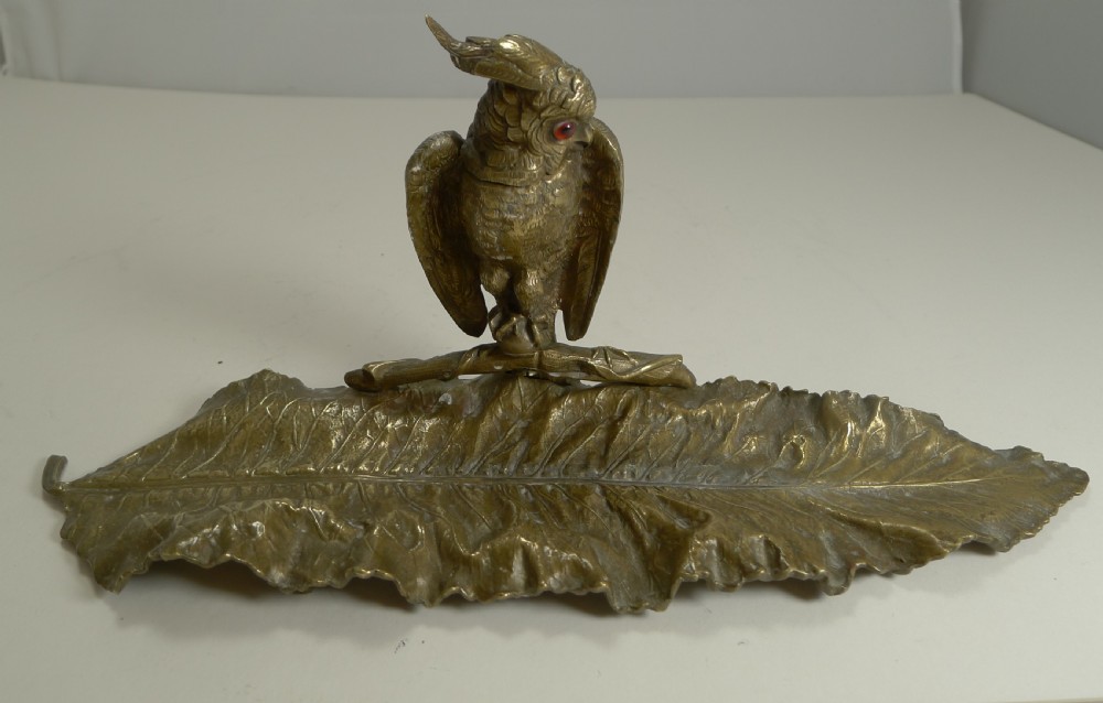 Magnificent Antique English Novelty Inkwell / Pen Tray - Parrot With Glass Eyes c.1880 View VIII