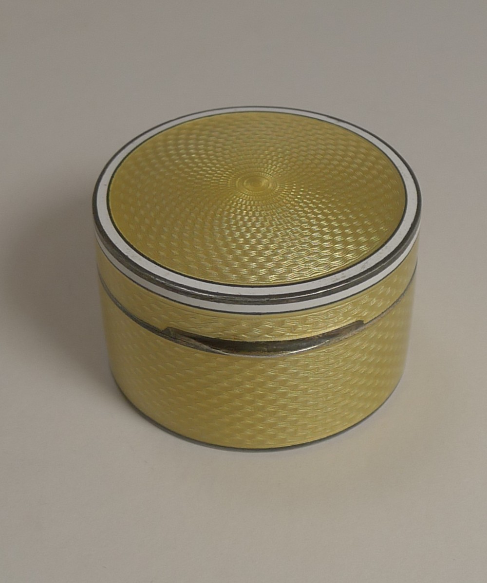 Finest Quality French Silver Gilt and Yellow Guilloche Enamel Pill Box c.1900