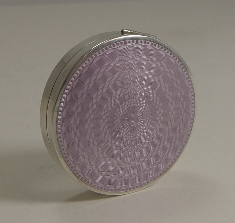 English Sterling Silver and Lilac Guilloche Enamel Pill Box - 1929