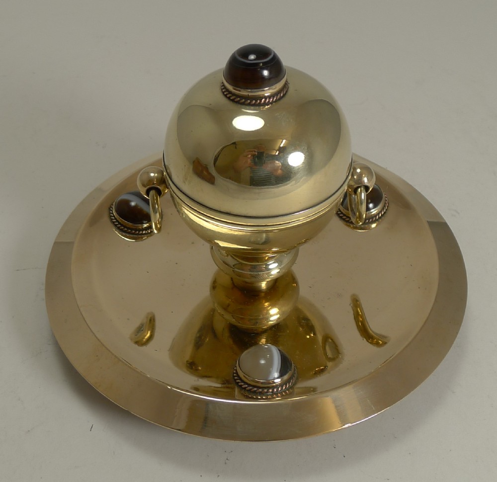 Smart Antique English Polished Brass and Bronze Inkwell - Agate Mounts c.1880
