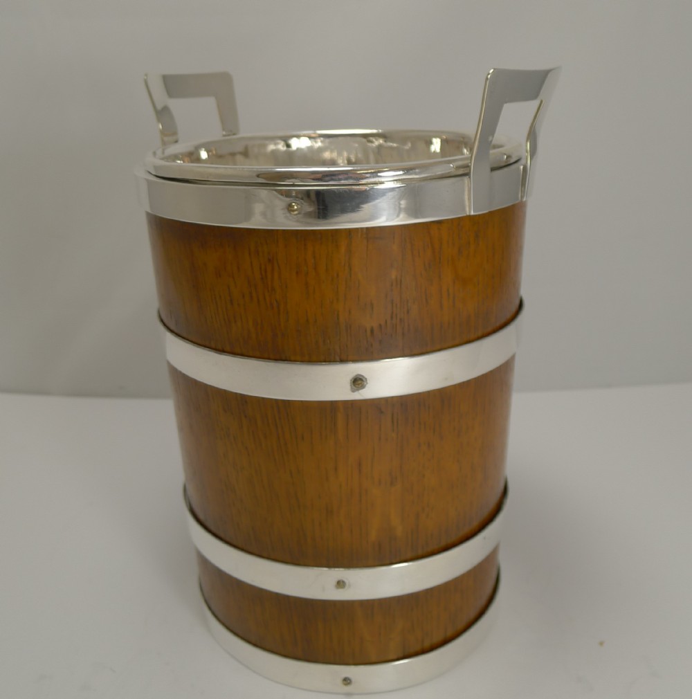 Unusual Antique English Oak and Silver Plate Wine Cooler c.1900