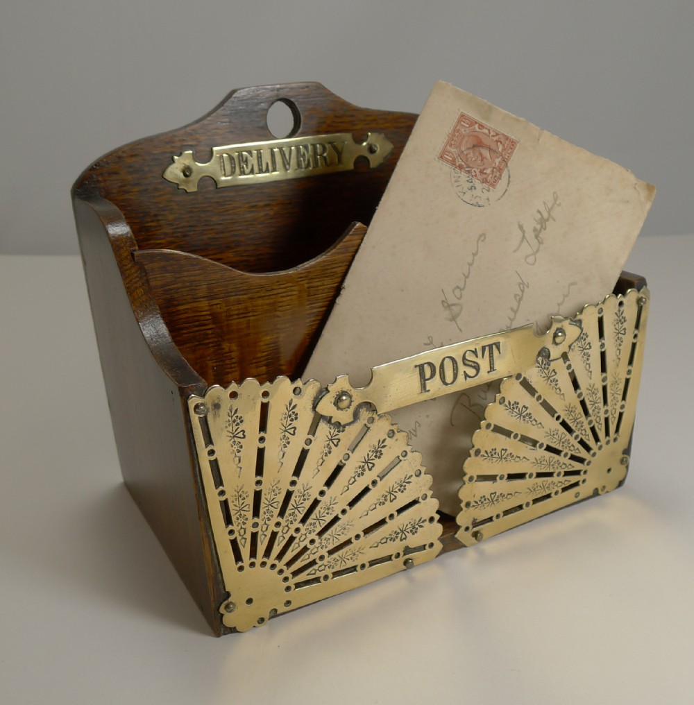 Antique English Oak and Brass Letter Box - Post & Delivery c.1890