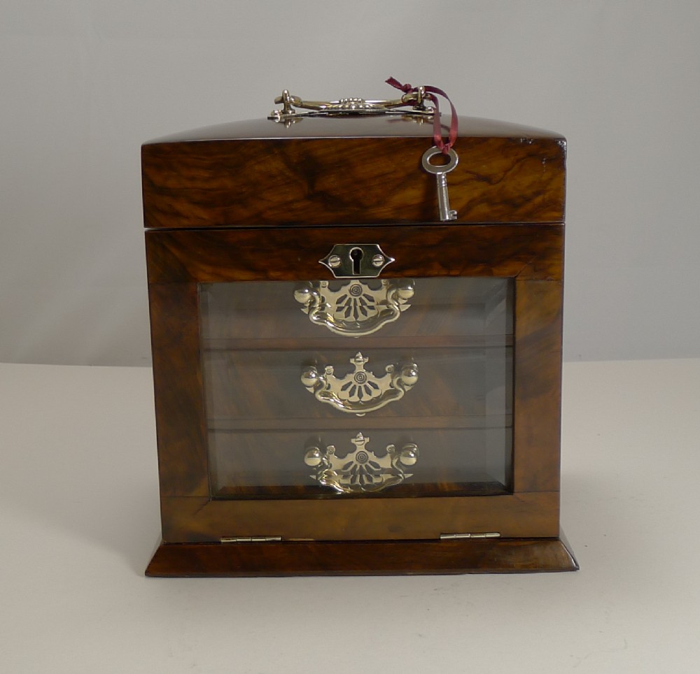 Antique English Walnut & Glass Jewelry Box c.1890