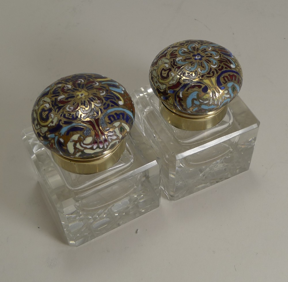 Pair Unusual Antique English Inkwells - Cloisonne - Enamel c.1870