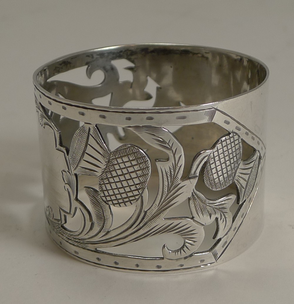 Antique English Sterling Silver Napkin Ring - Scottish Thistles - 1905