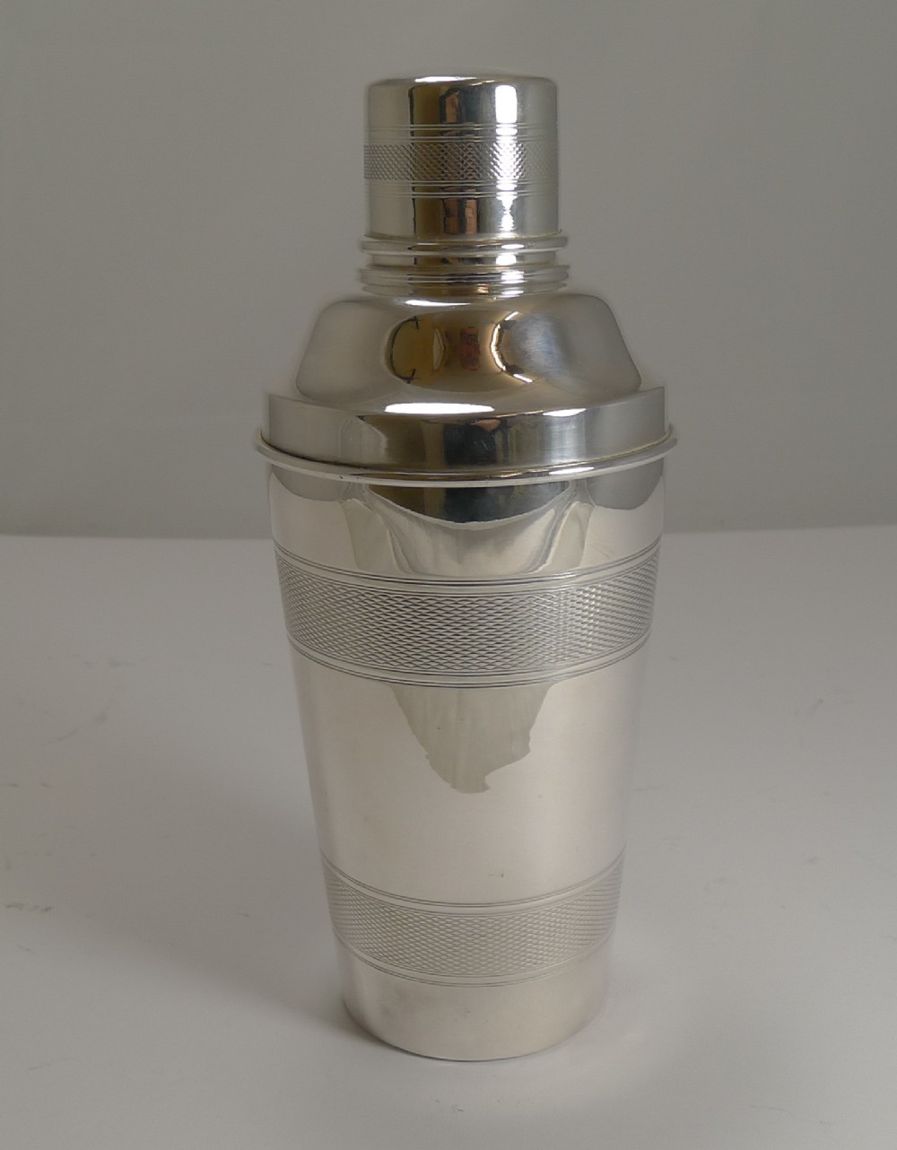 Vintage English Silver Plated Cocktail Shaker - Engine Turned Decoration c.1930