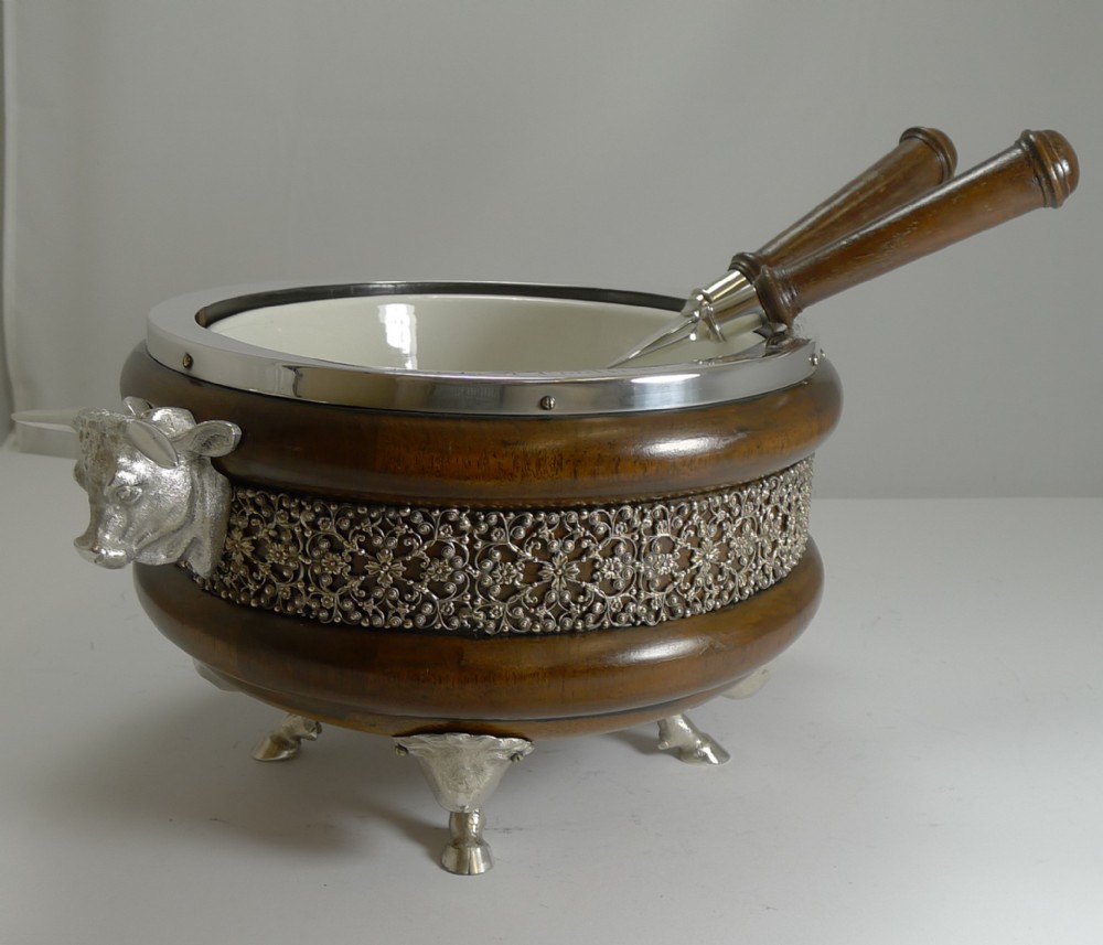 Rare Novelty English Figural Oak and Silver Plate Salad Bowl - Bull - 1888