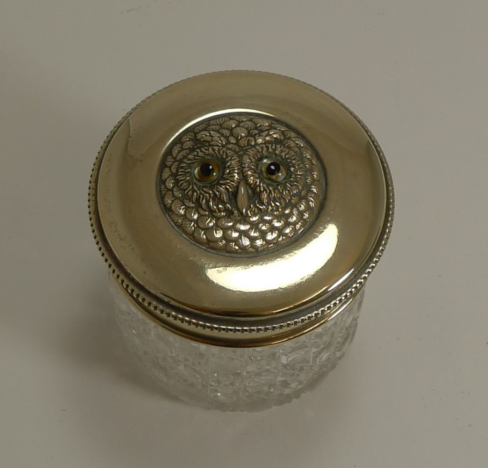 Antique Glass and Brass Jar - Owl With Glass Eyes