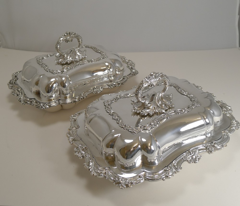 Fine Pair Antique English Entree Dishes in Silver Plate by Walker and Hall