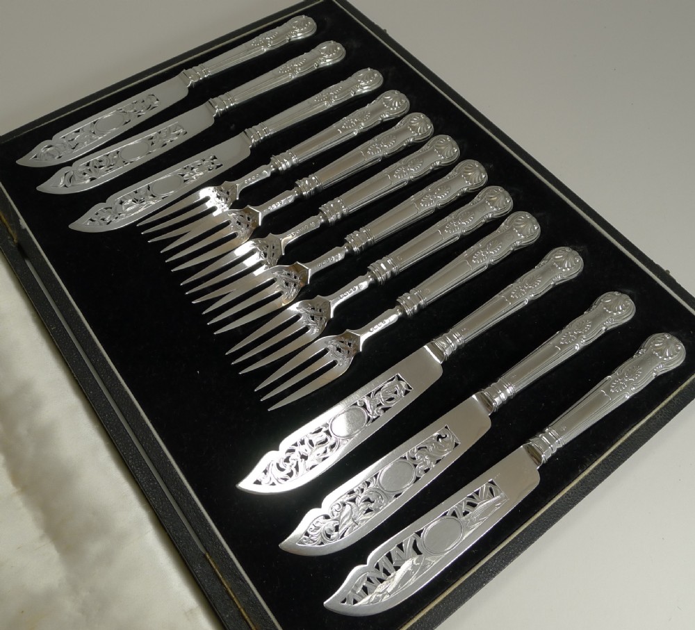 Set Six Antique English Sterling Silver Fish Knives and Forks - 1865 View X