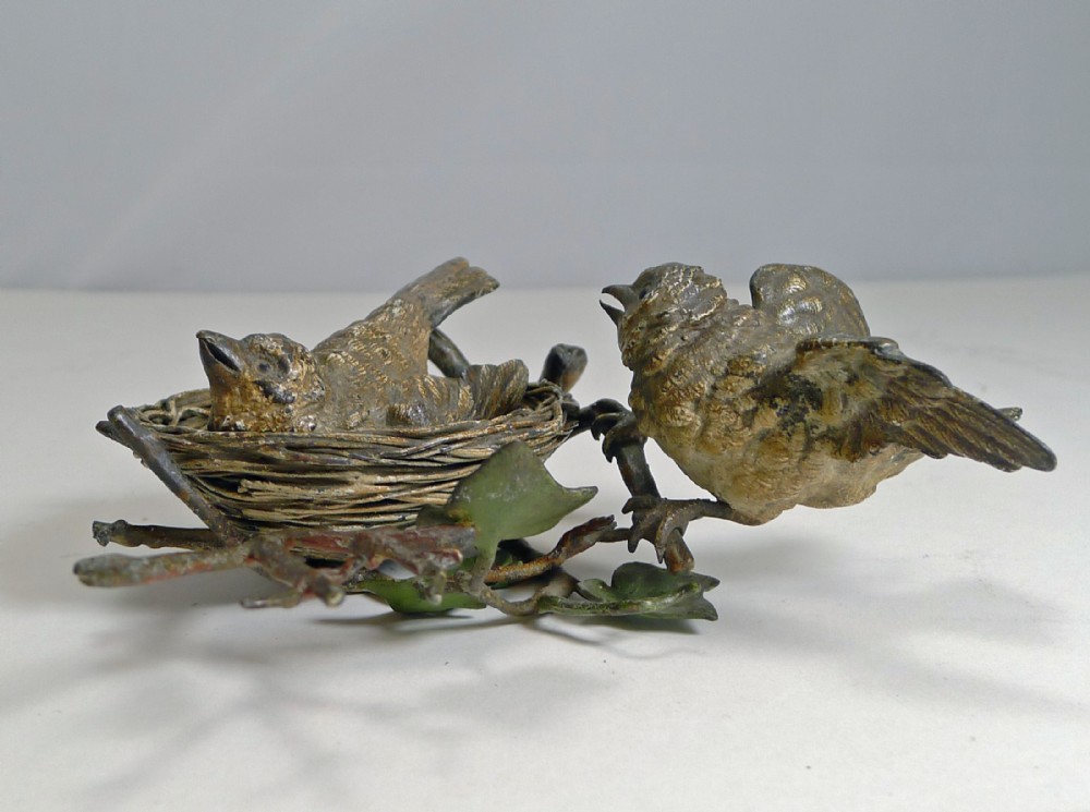 Charming Antique Austrian Cold Painted Bronze - Birds and Birds Nest c.1900