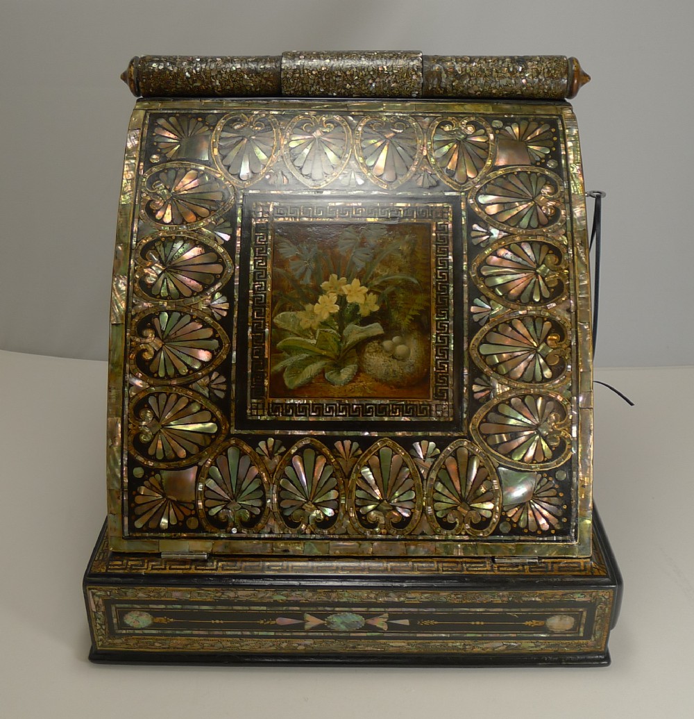 Fabulous Antique English Mother of Pearl Inlaid Papier Mache Writing box c.1880