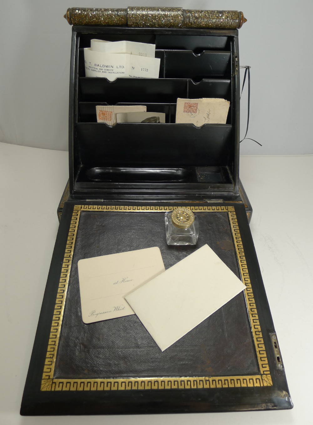 Fabulous Antique English Mother of Pearl Inlaid Papier Mache Writing box c.1880 View XII