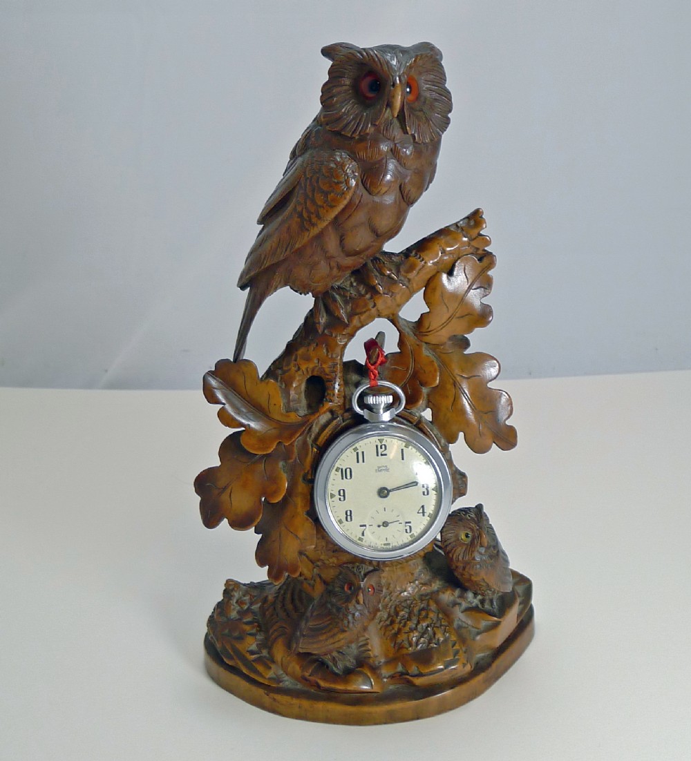 Magnificent Figural Black Forest Pocket Watch Stand - Owl Family c.1900