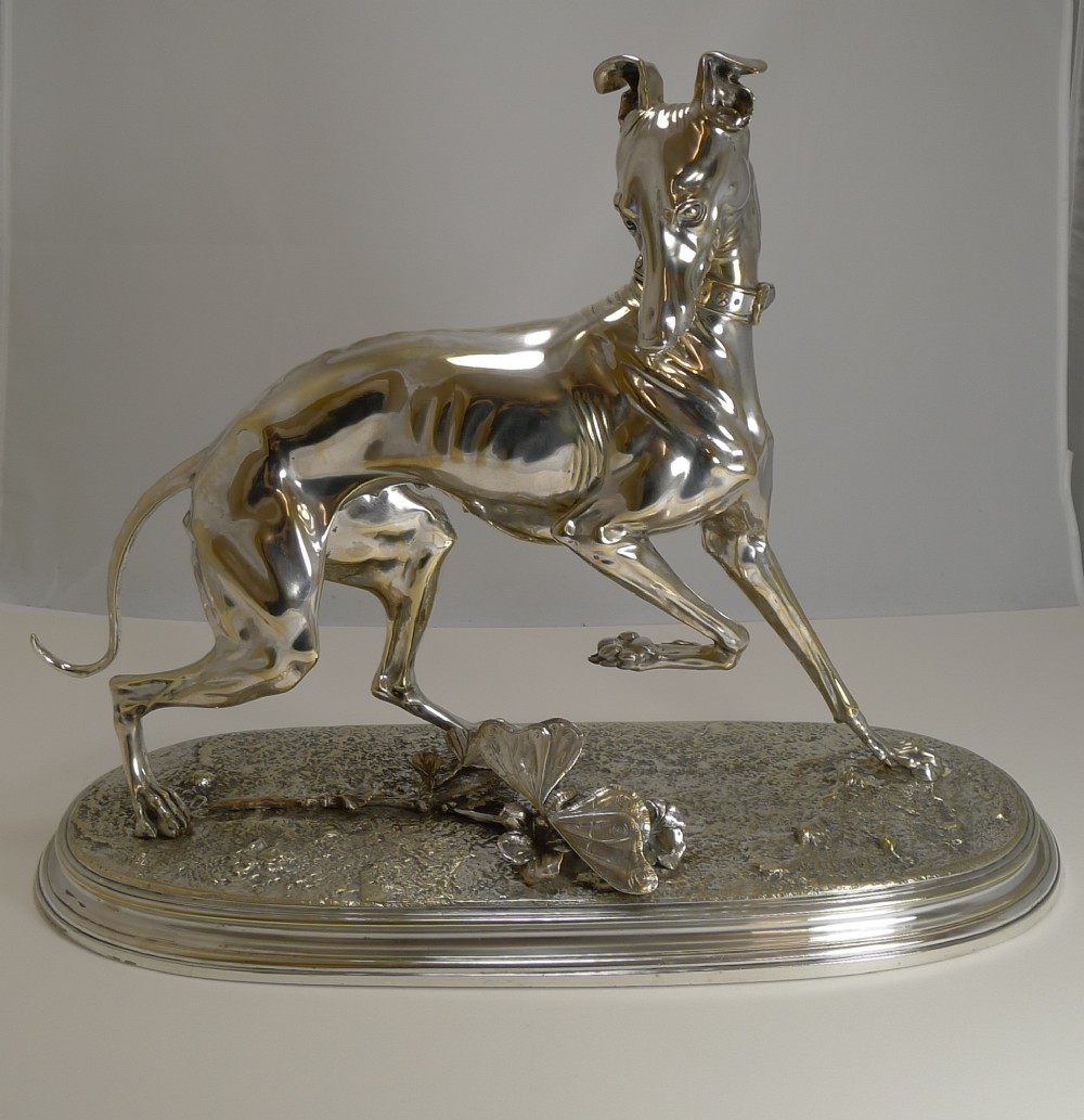 After Arthur Waagen (1833-1898) Silver on Bronze Sculpture of a Whippet Greyhound Dog