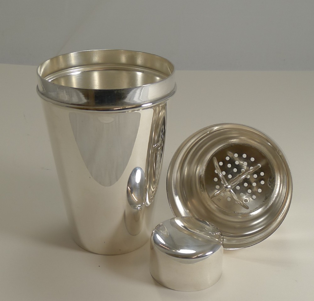 Large English Art Deco Silver Plate Cocktail Shaker With Ice Breaker c.1930