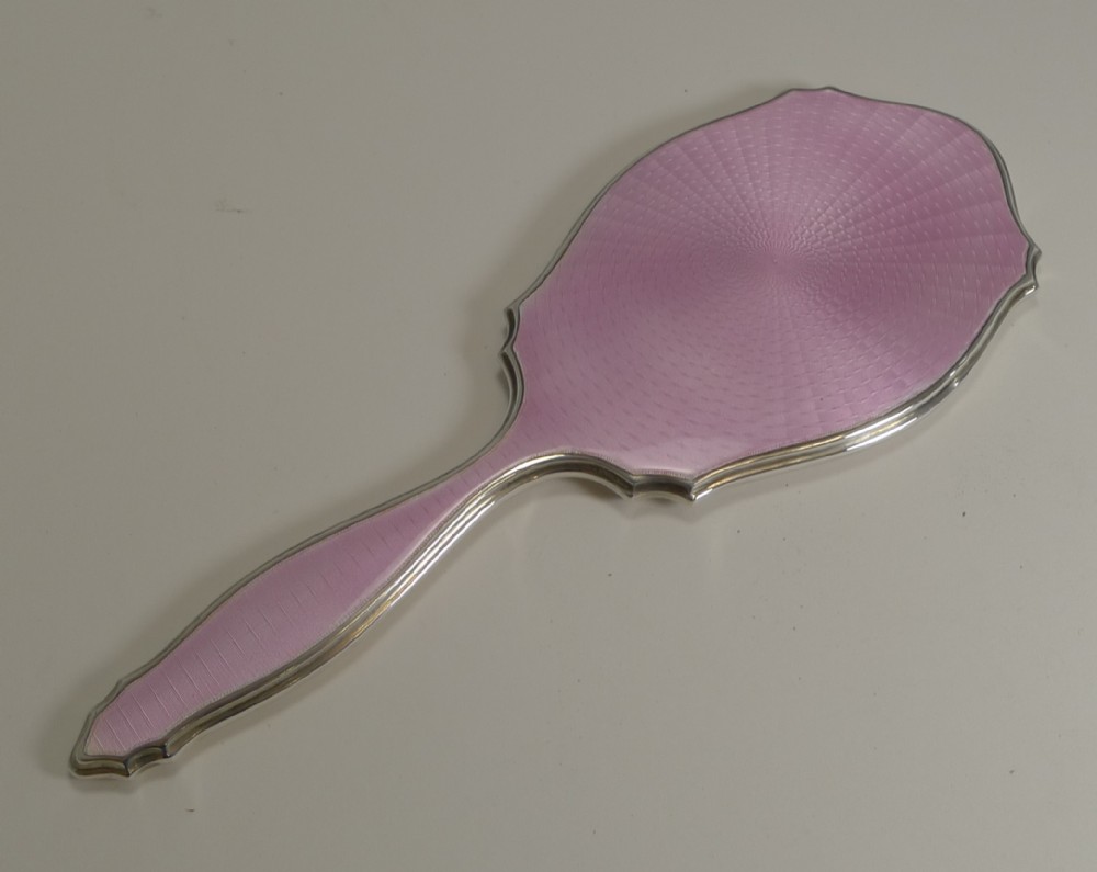 Stunning English Sterling Silver and Pink Guilloche Enamel Hand Mirror