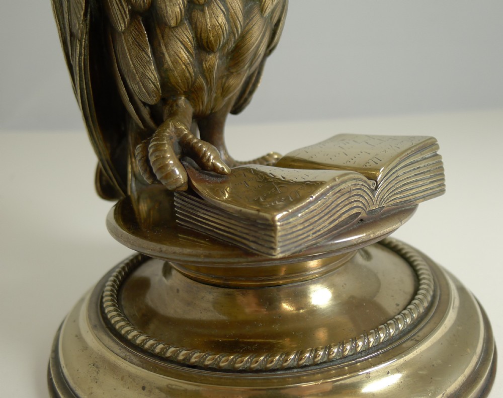 Finest Large Antique Austrian Brass Novelty Inkwell - Reading Owl c.1890 View VI