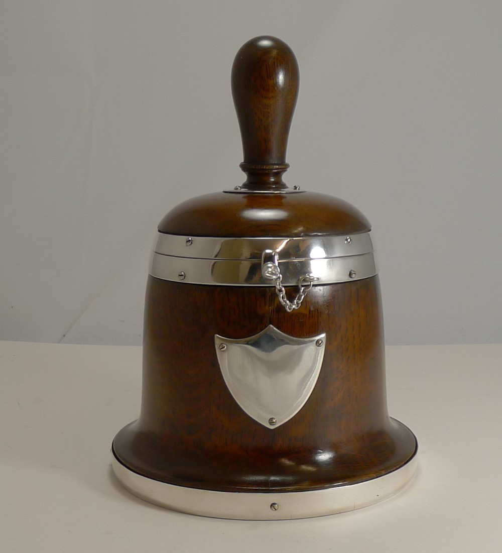 Rare Antique English Bell Shaped Oak and Silver Plate Biscuit Box c.1890
