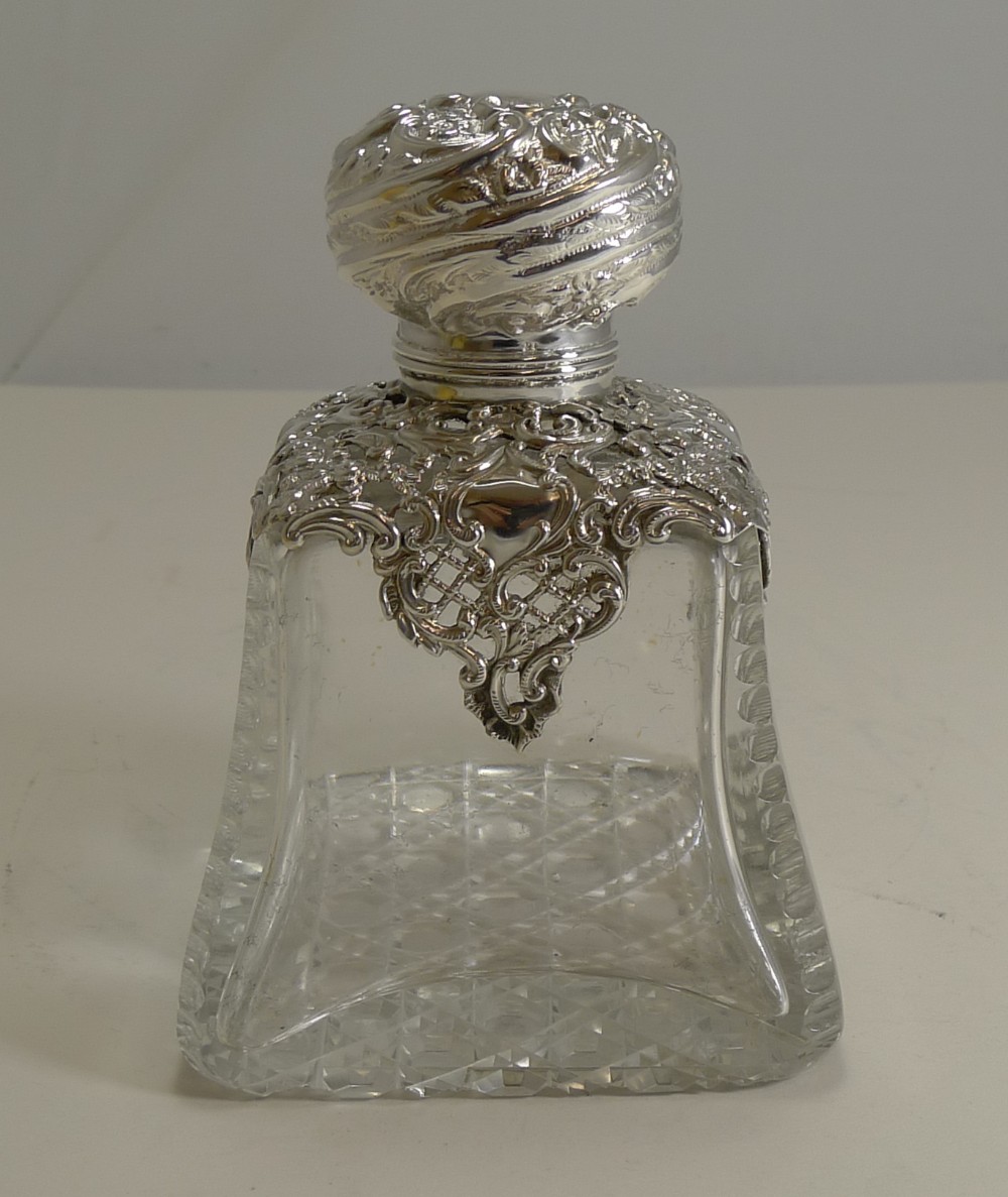 Large Antique English Cut Crystal and Sterling Silver Perfume Bottle - 1898