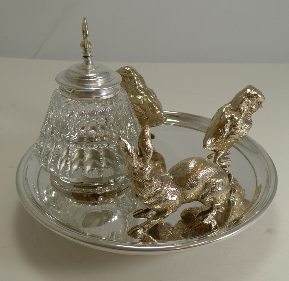 Magnificent Antique English Inkwell / Rabbit And Chicks C.1890