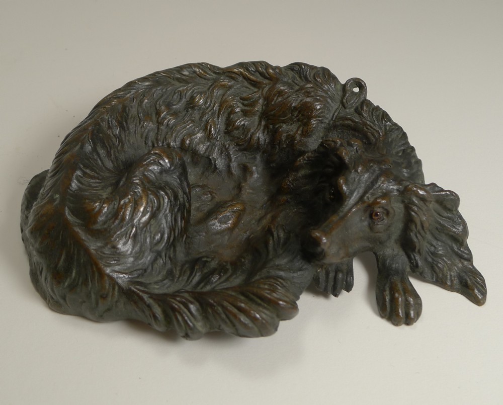 Charming Antique Bronze Vide Poche / Dish - Dog With Glass Eyes